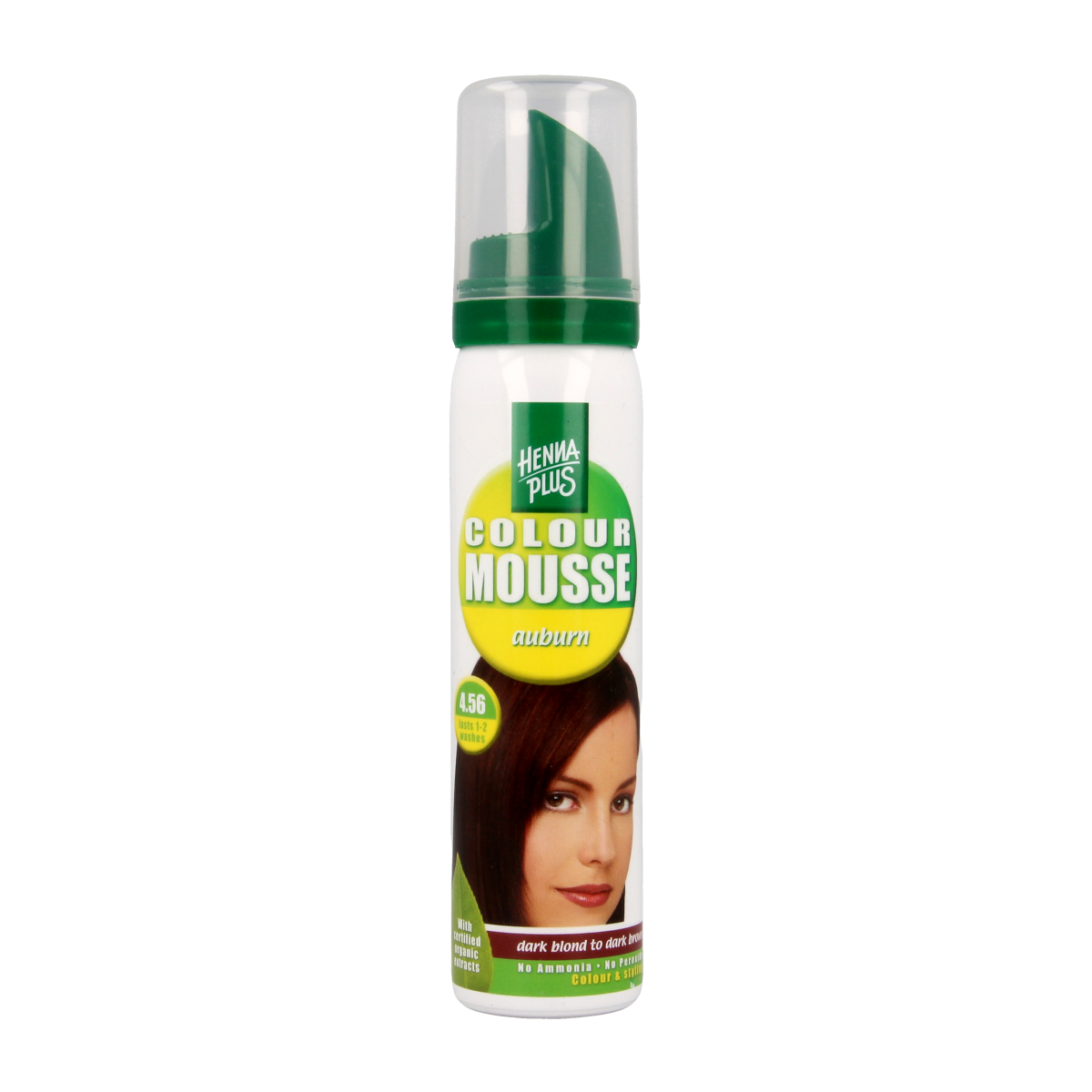 Henna Plus Colour Mousse 4.56 Auburn hair care product in a 75ml bottle with a pump for easy application