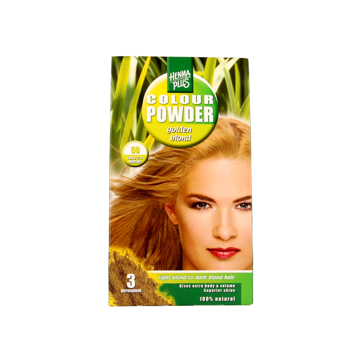 Henna Plus Colour powder in 50 Golden Blonde, 100g, showing the packaging for natural hair coloring.