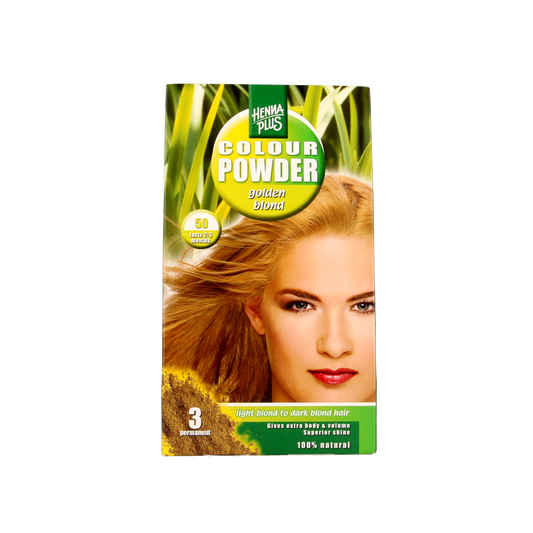 Henna Plus Colour powder in 50 Golden Blonde, 100g, showing the packaging for natural hair coloring.