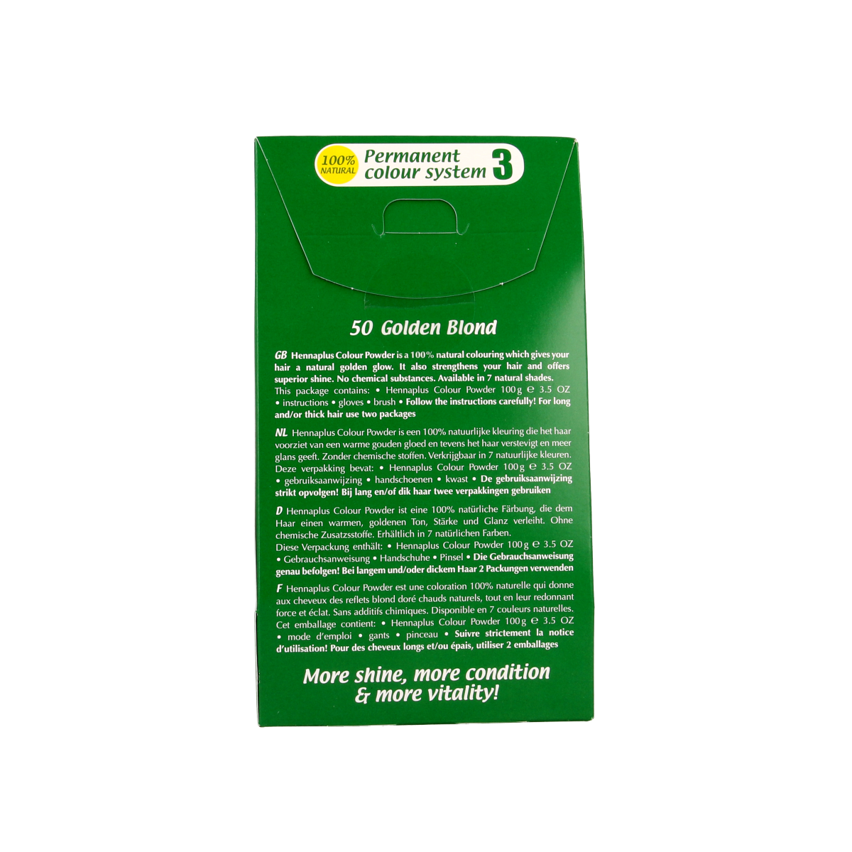 Henna Plus Colour powder in 50 golden blond, 100g, for natural hair coloring, showing the golden blond powder in a container.