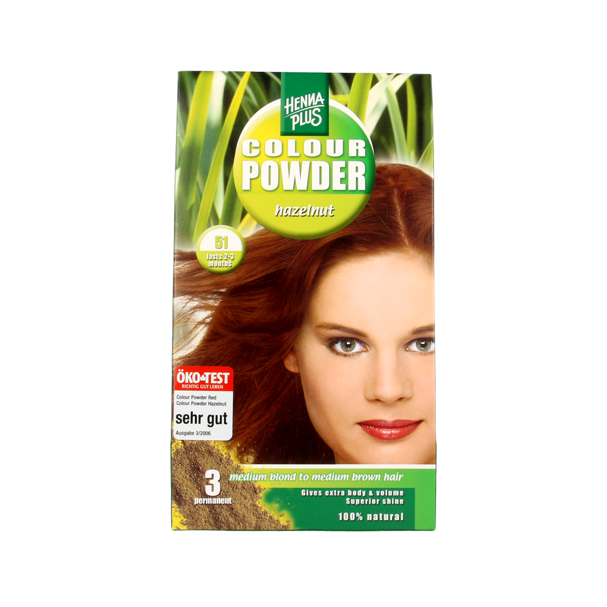 Henna Plus Colour Powder in Hazelnut shade, 100g, for natural hair coloring with rich, warm tones.