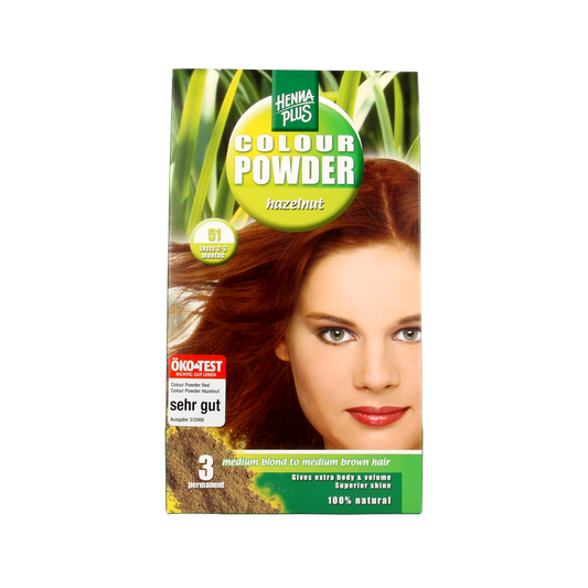 Henna Plus Colour Powder in Hazelnut shade, 100g, for natural hair coloring with rich, warm tones.