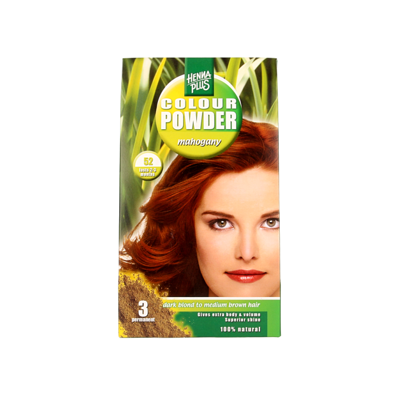 Henna Plus Colour powder in Mahogany 52 shade, 100g, for natural hair coloring with a rich reddish-brown tone.
