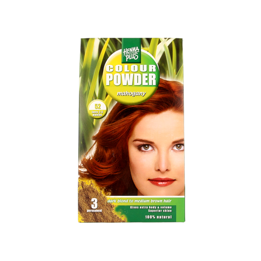 Henna Plus Colour powder in Mahogany 52 shade, 100g, for natural hair coloring with a rich reddish-brown tone.