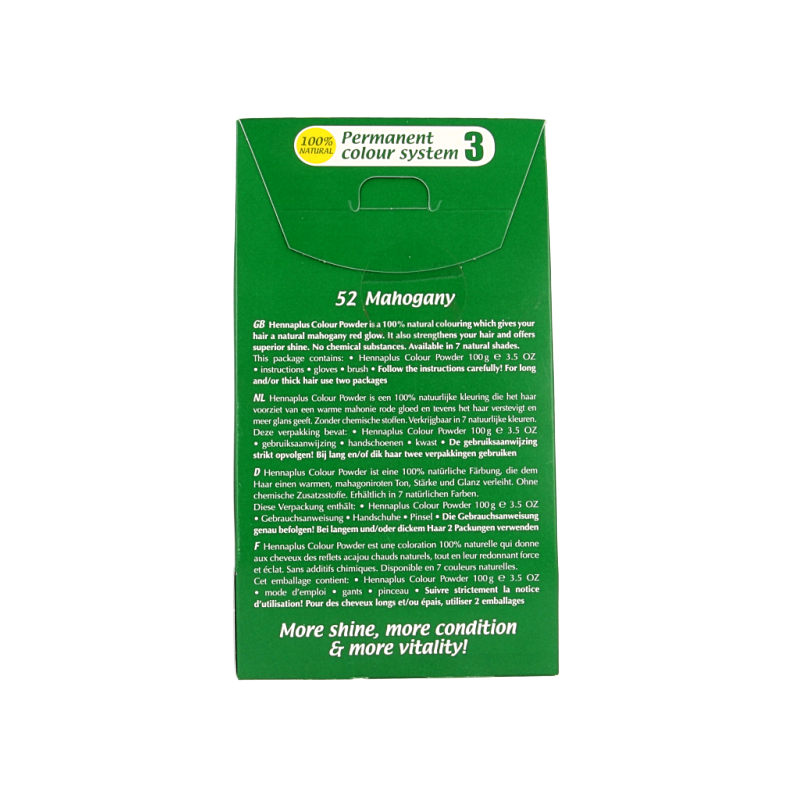 Henna Plus Colour powder in Mahogany 52 shade, 100g, showing the vibrant reddish-brown hair coloring powder in a container