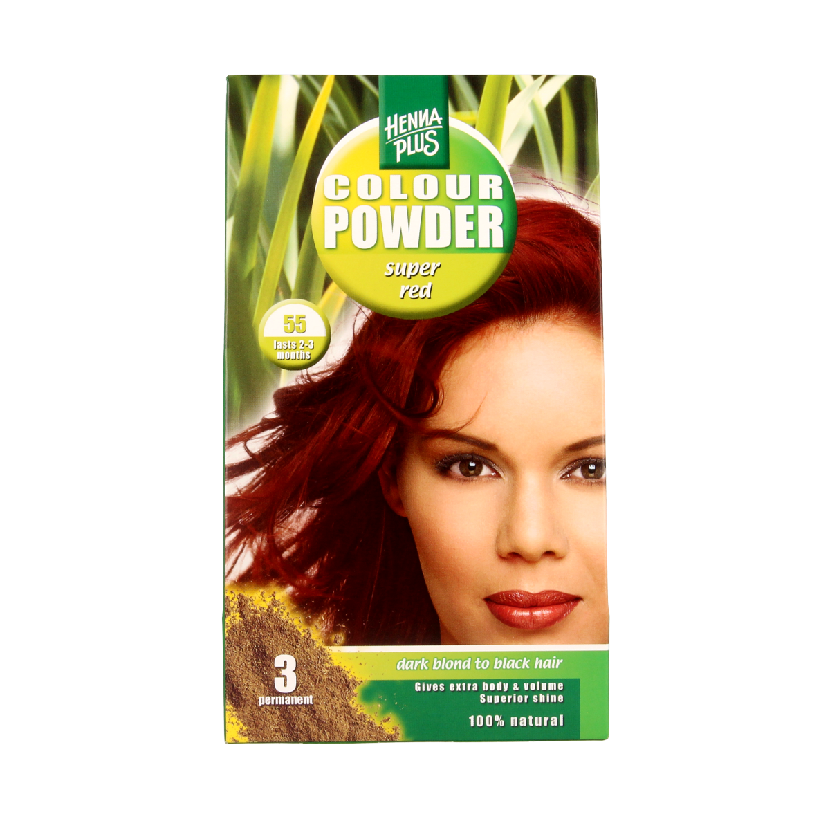 Henna Plus Colour Powder 55 Super Red for hair coloring, showing vibrant red powder in a container.