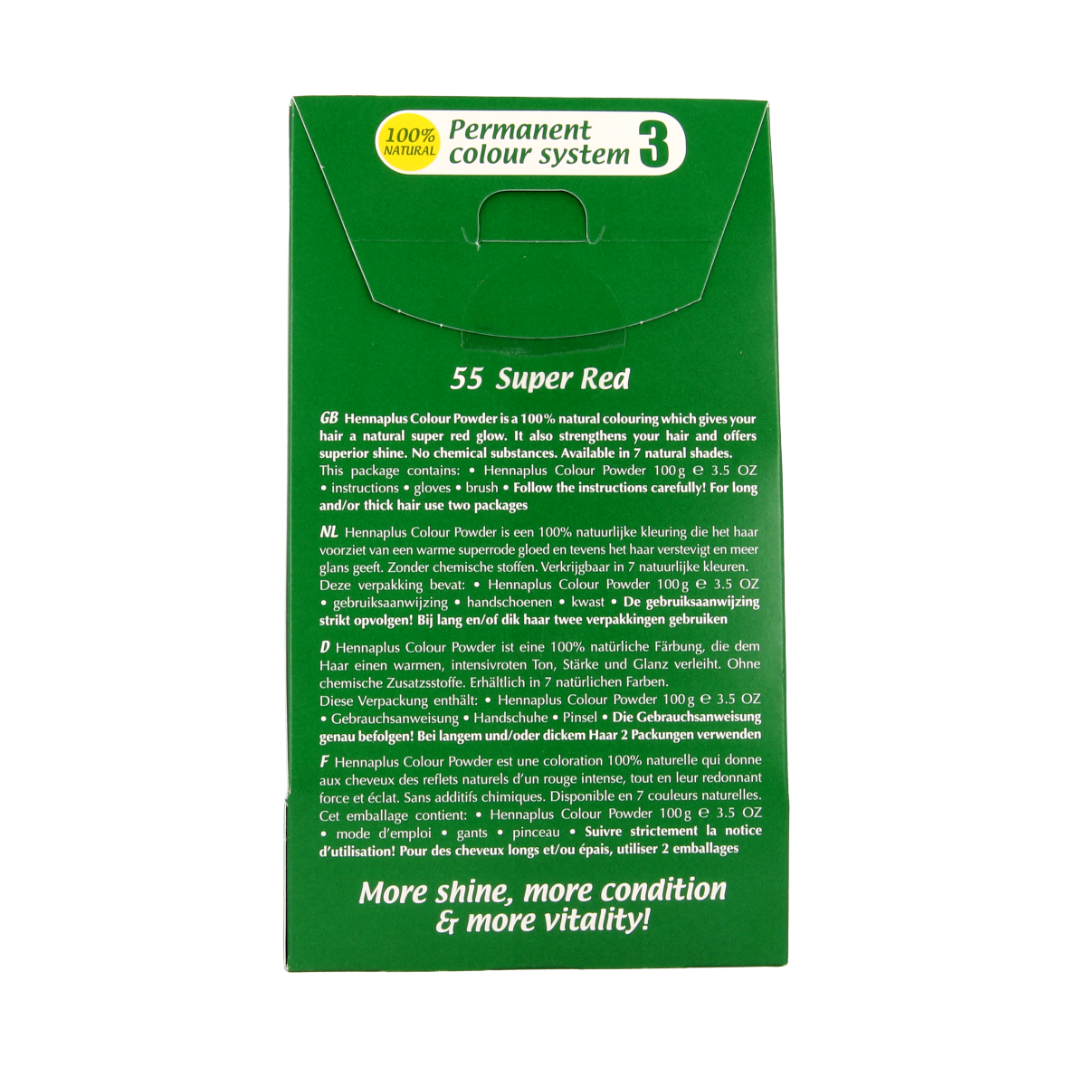 Henna Plus Colour Powder 55 Super Red for hair coloring, 100g jar with vibrant red powder and brand label visible.