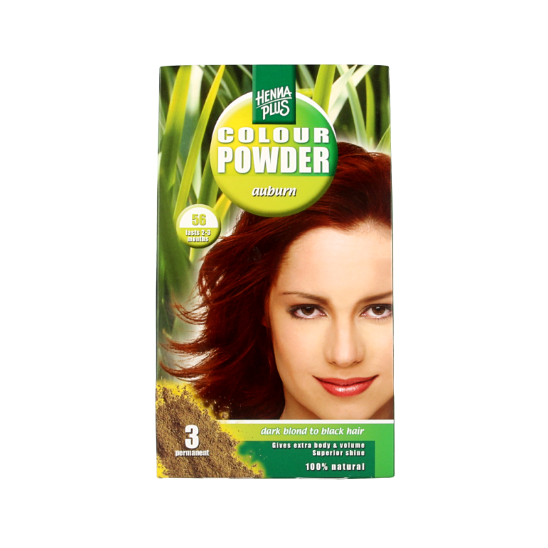 Henna Plus Colour powder 56 Auburn hair dye in 100 grams, showing vibrant auburn natural hair color application