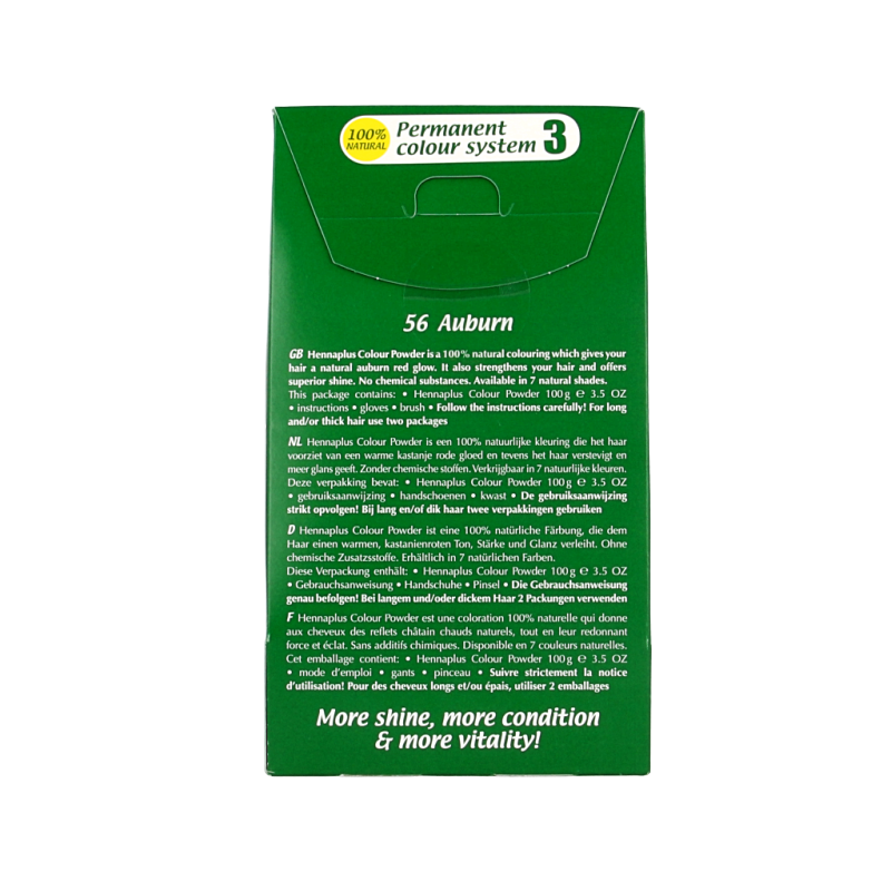 Henna Plus Colour Powder in Auburn 56, 100g, for natural hair coloring, showing the vibrant auburn powder in a container