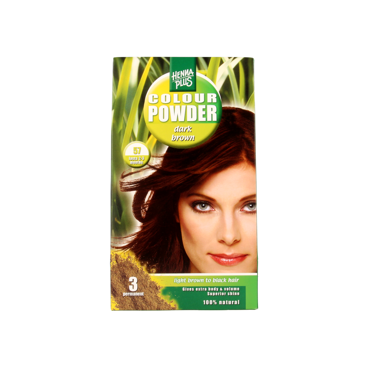 Henna Plus Colour powder in dark brown, 100g, for natural hair coloring, shown in a close-up of the product packaging.
