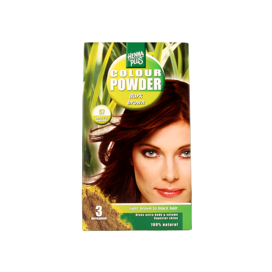 Henna Plus Colour powder in dark brown, 100g, for natural hair coloring, shown in a close-up of the product packaging.