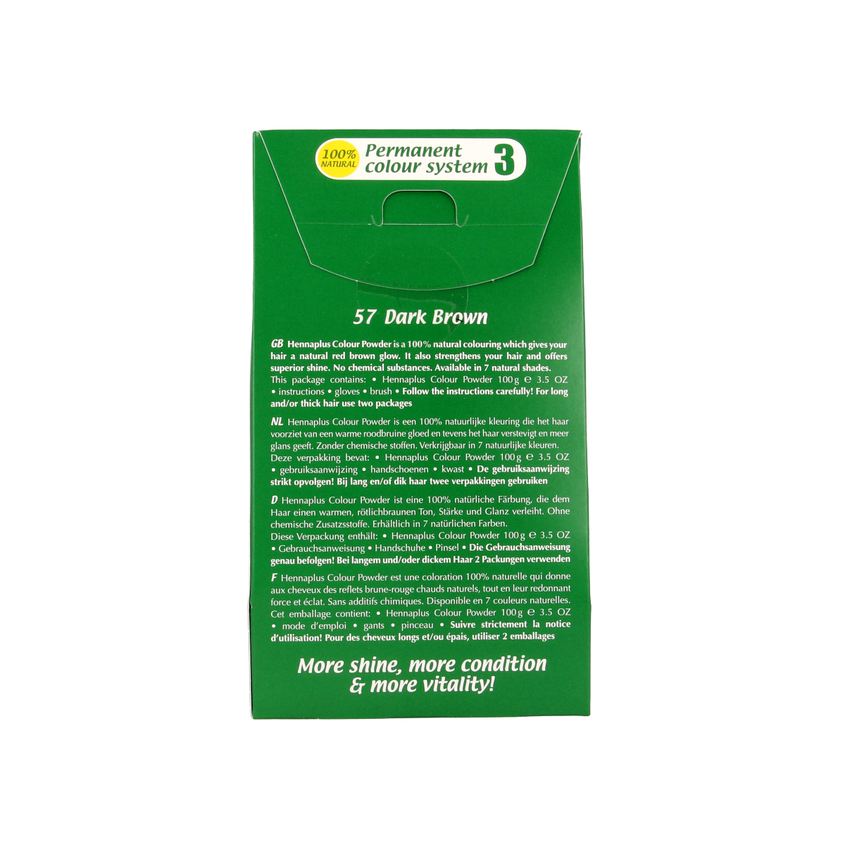Henna Plus dark brown hair coloring powder, 100g, showing the packaging with the product name and brand.