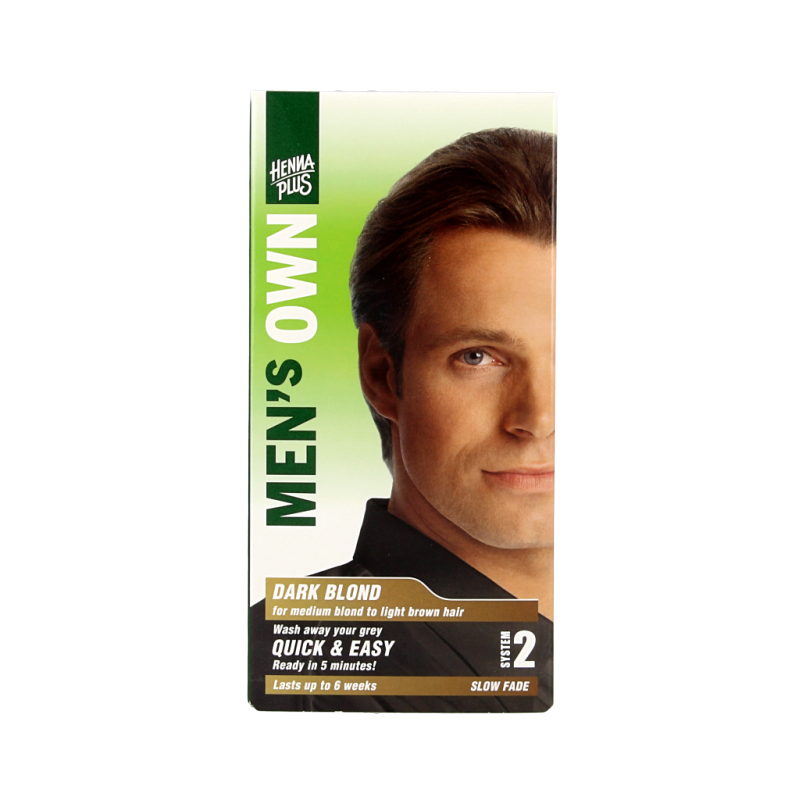 Men's Own dark blond hair coloring tube, 80ml, showing the product packaging and branding for men's hair dye.
