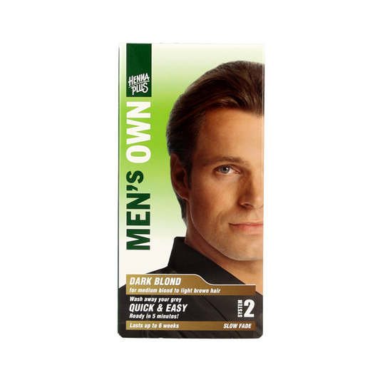Men's Own dark blond hair coloring tube, 80ml, showing the product packaging and branding for men's hair dye.