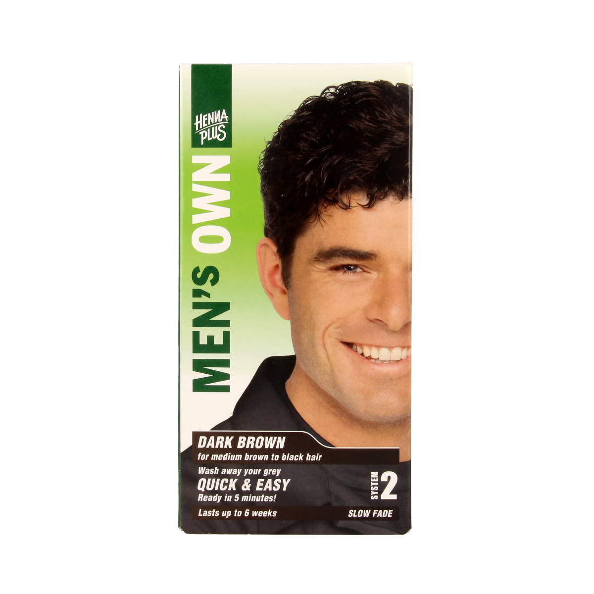 Men's Own men's dark brown hair coloring tube, 80ml, with textured hair and packaging visible in the image.