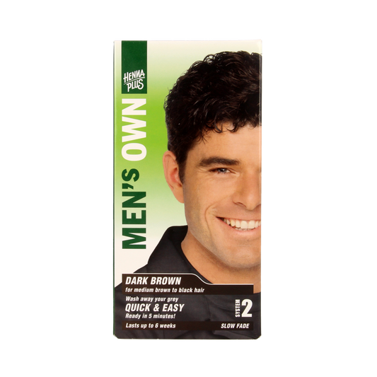 Men's Own men's dark brown hair coloring tube, 80ml, with textured hair and packaging visible in the image.