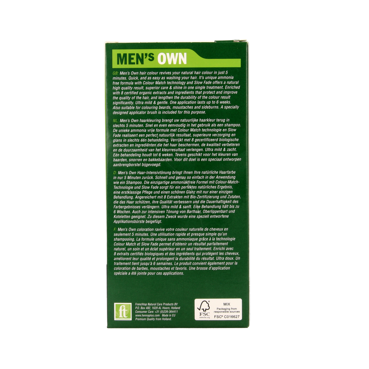 Mens Own dark brown hair coloring cream in an 80ml tube, designed for men's hair coloring and styling.