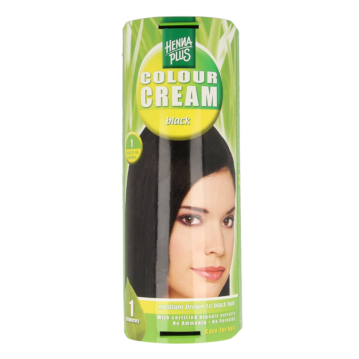 Henna Plus black hair coloring cream tube, 60ml, showing the product packaging for natural hair dyeing.