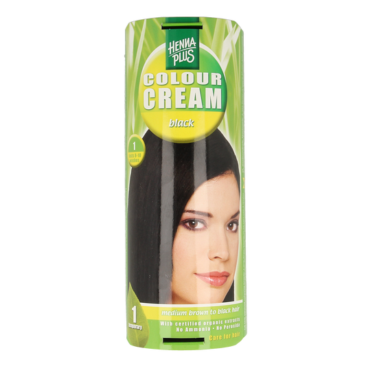 Henna Plus black hair coloring cream tube, 60ml, showing the product packaging for natural hair dyeing.