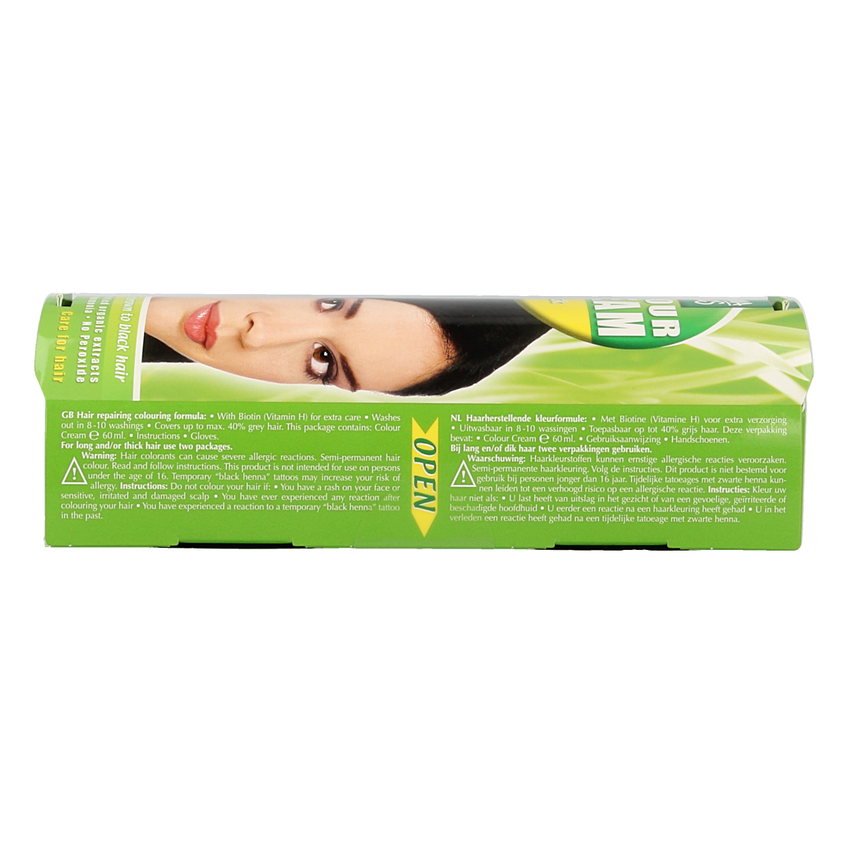 Henna Plus black hair coloring cream in 60ml tube, showing the product with packaging and brand logo.