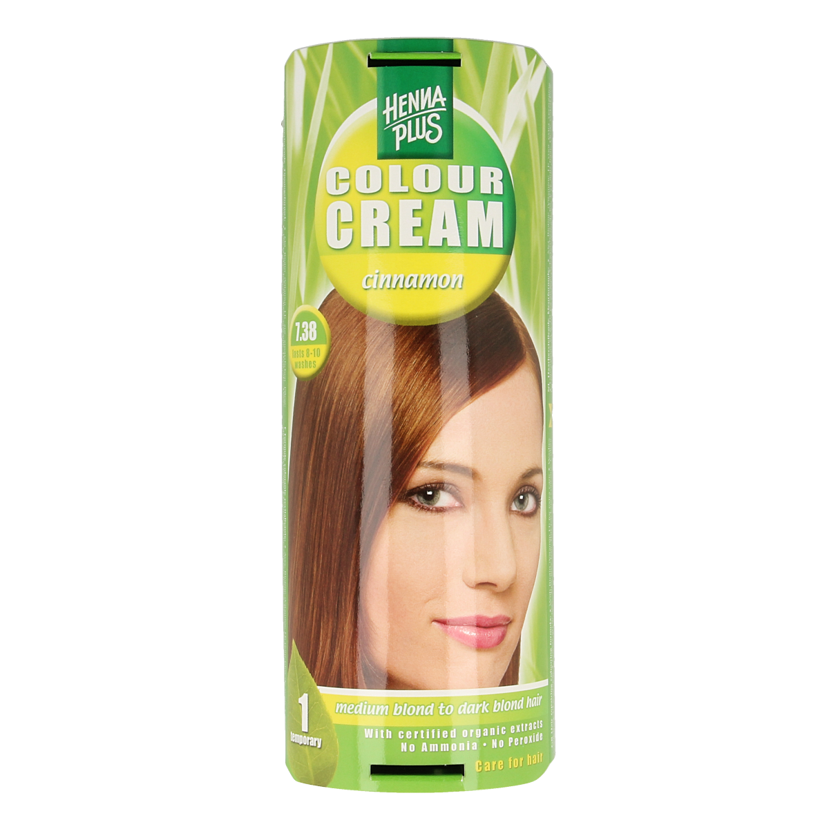 Henna Plus Colour Cream 7.38 Cinnamon hair dye tube, 60ml, showing the cinnamon-colored hair coloring product.