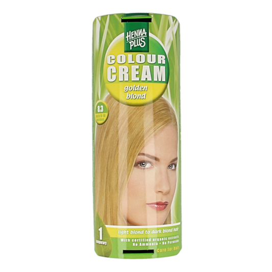 Henna Plus Colour Cream 8.3 Gold Blonde hair dye in 60ml tube, showing the cream's rich gold blonde shade.