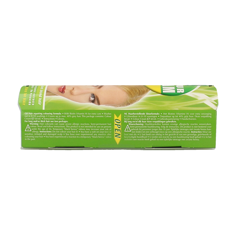Henna Plus Gold Blond Colour Cream 8.3 in 60ml, creamy hair dye for blonde highlights, shown in a tube with product label.