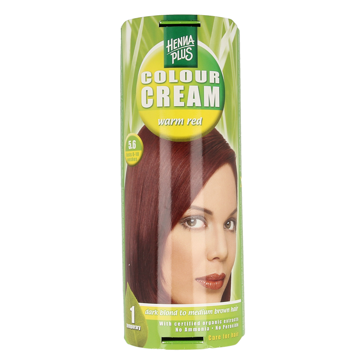 Henna Plus Colour Cream 5.6 Warm Red hair dye tube, 60ml, with color swatch showing vibrant red shade.
