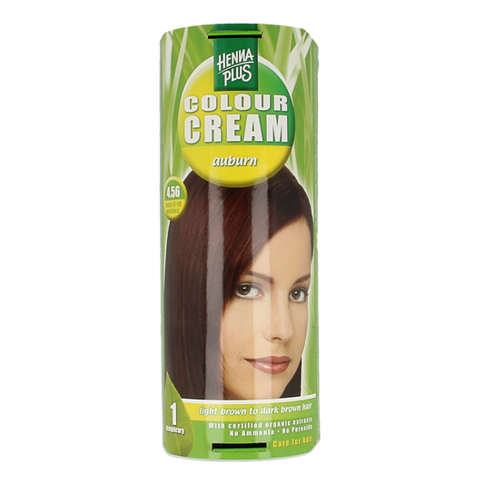 Henna Plus Colour Cream in 4.56 Auburn, 60ml, for hair coloring, showing the cream and packaging.