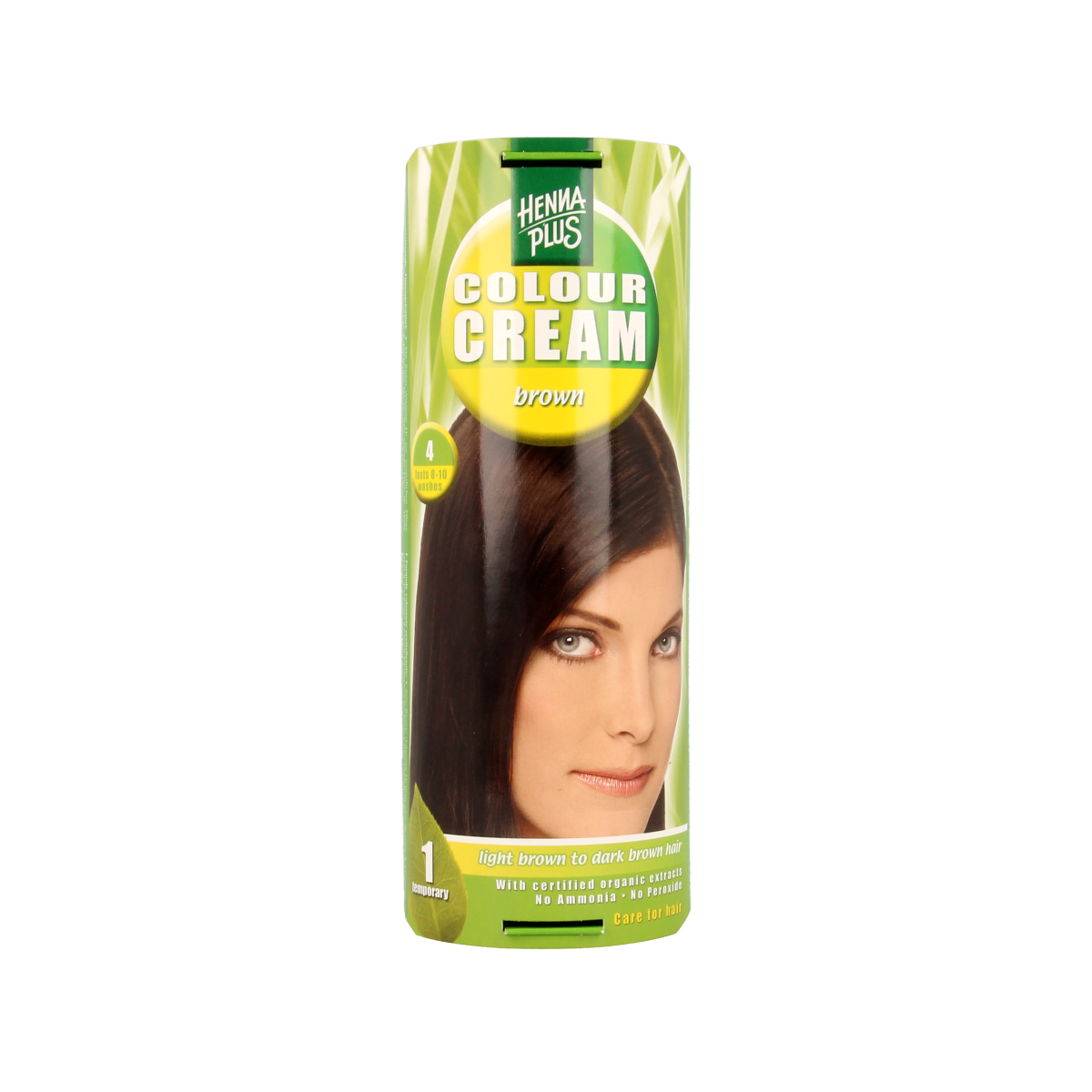 Henna Plus Colour Cream in 4 Brown, 60ml, showing a tube of hair coloring cream with brown shade and product label.