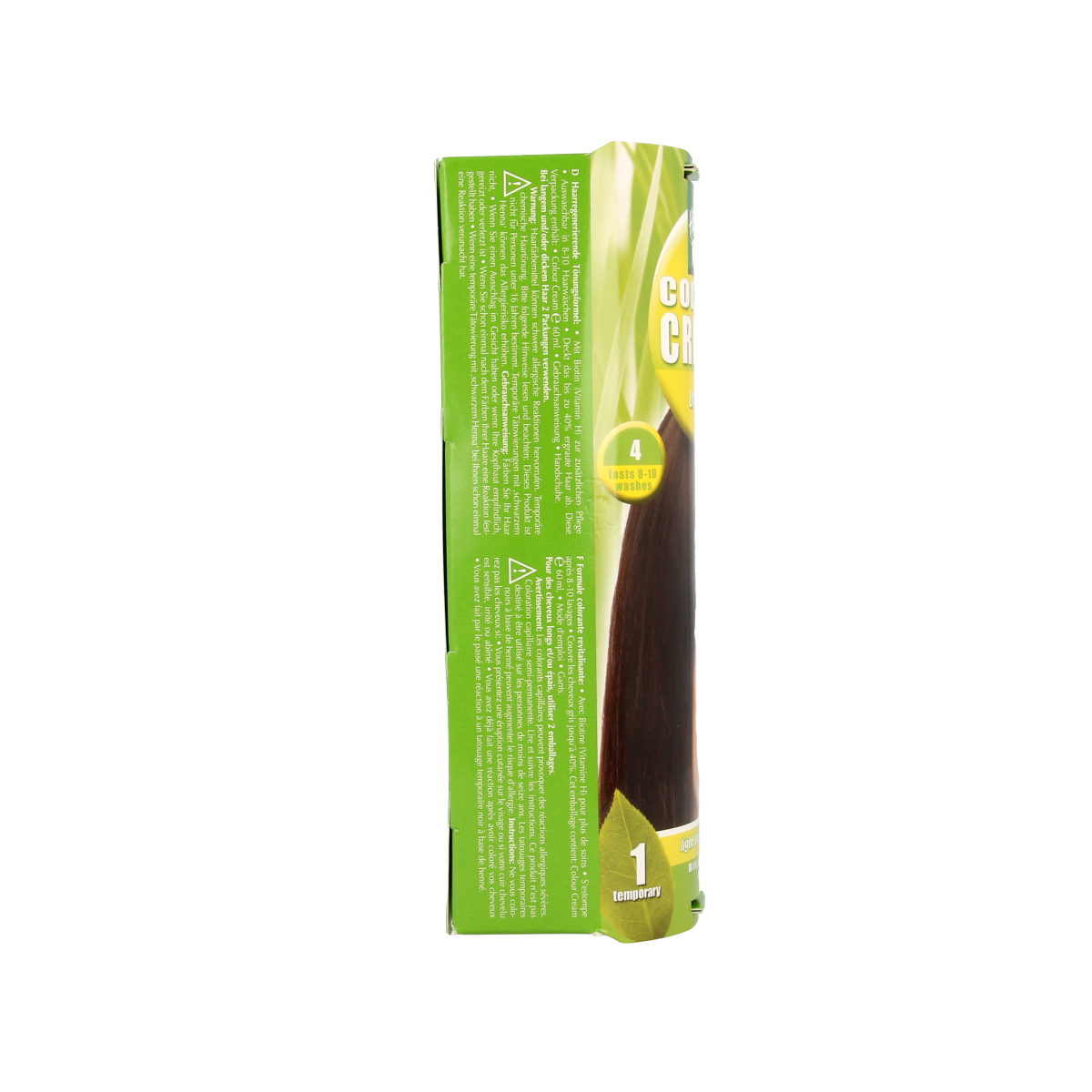 Henna Plus Colour Cream 4 Brown hair dye in 60ml tube, showing the product packaging and color consistency