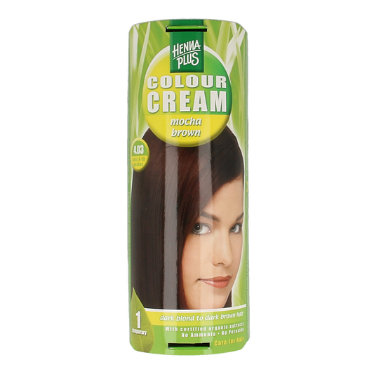 Henna Plus Mocha Brown hair coloring cream in 60ml, showcasing the rich brown hue and packaging.