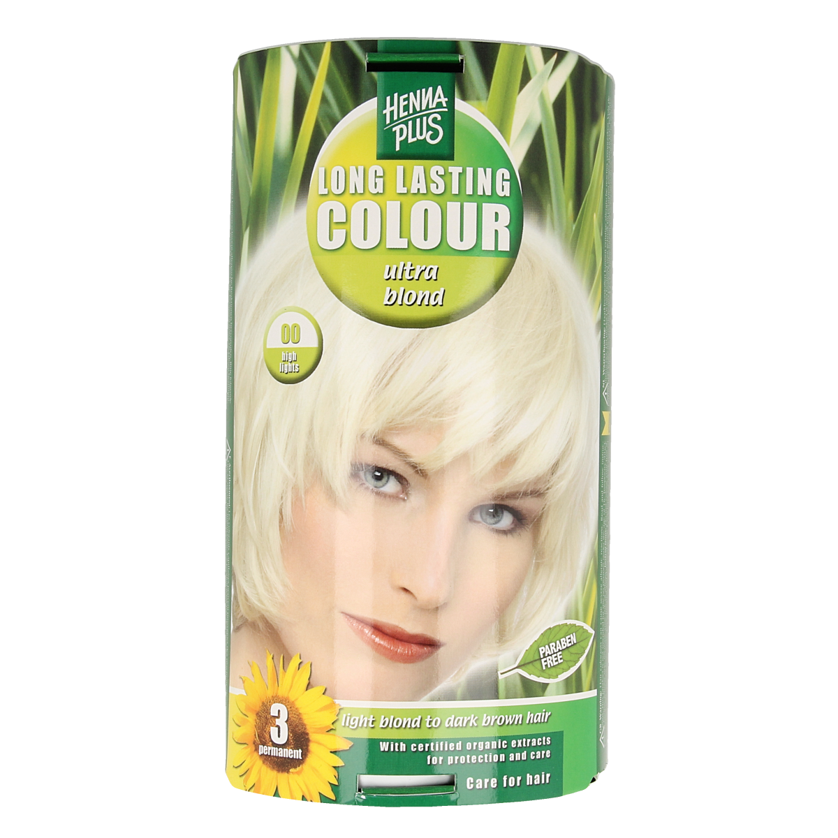 Henna Plus Long-lasting blonde hair color in 140ml coupe soleil shade, showcasing the vibrant blonde hair result.