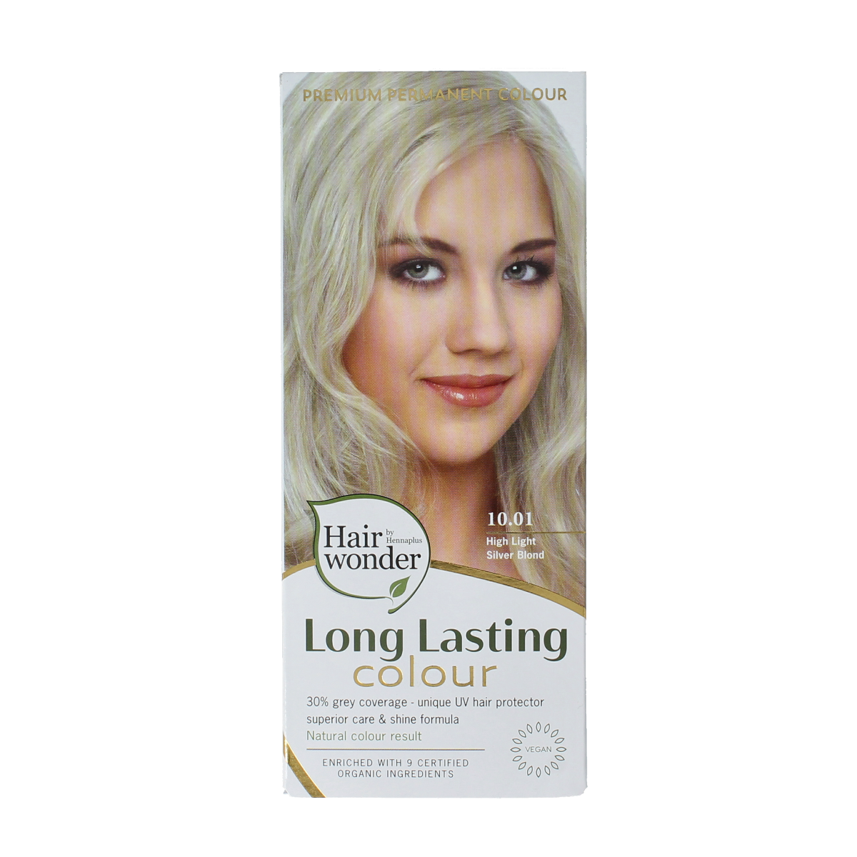 Henna Plus Long Lasting Colour 10.01 Silver Blonde hair dye, 100ml bottle of semi-permanent hair coloring.