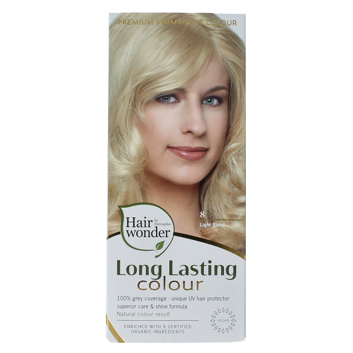 Henna Plus Long Lasting Colour 8 Light Blonde hair dye in 100ml bottle, showing the product label and packaging.
