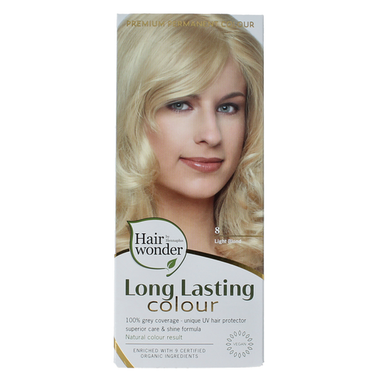 Henna Plus Long Lasting Colour 8 Light Blonde hair dye in 100ml bottle, showing the product label and packaging.