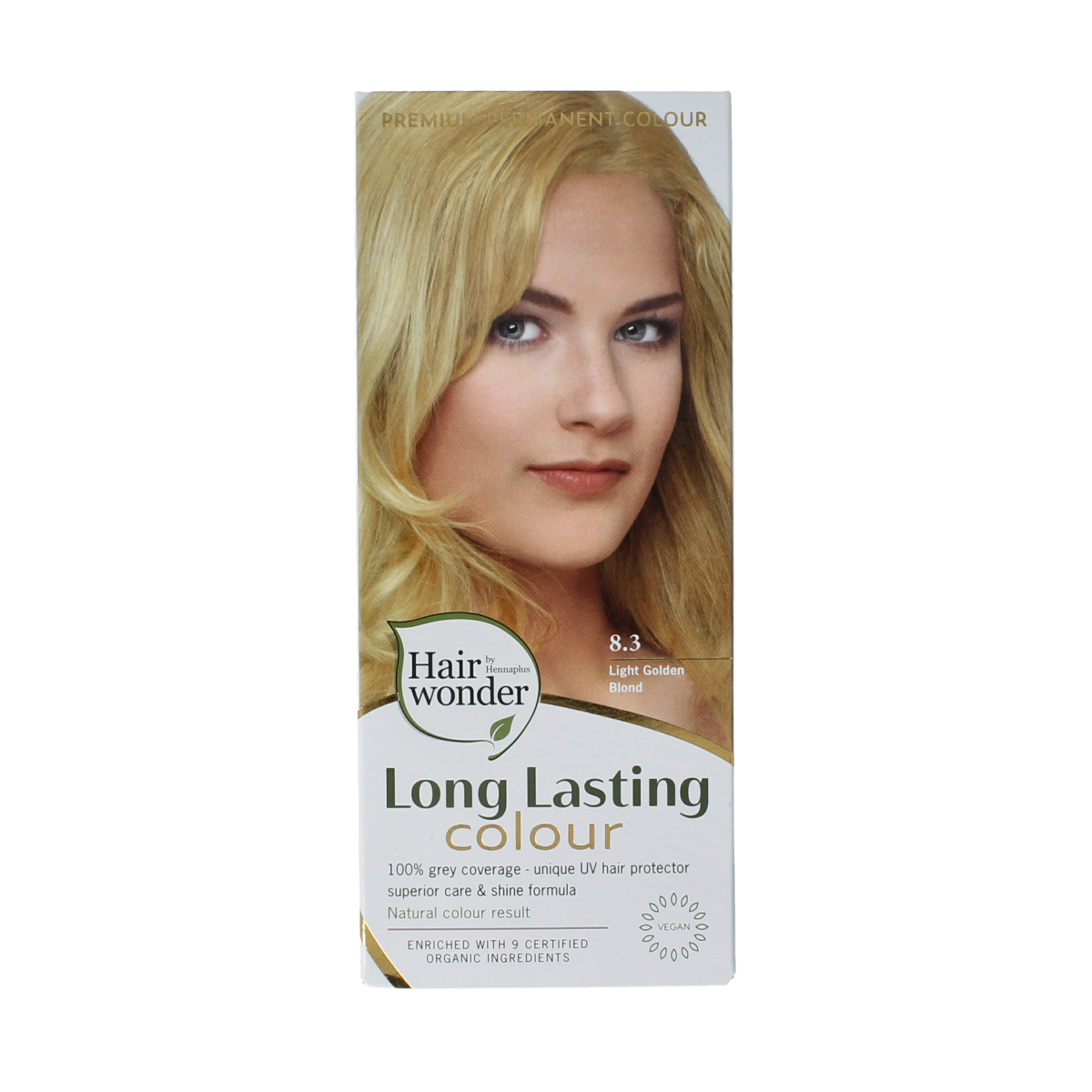 Henna Plus Long Lasting Colour 8.3 Golden Blonde hair dye, 100ml bottle showing golden blonde shade and branding.