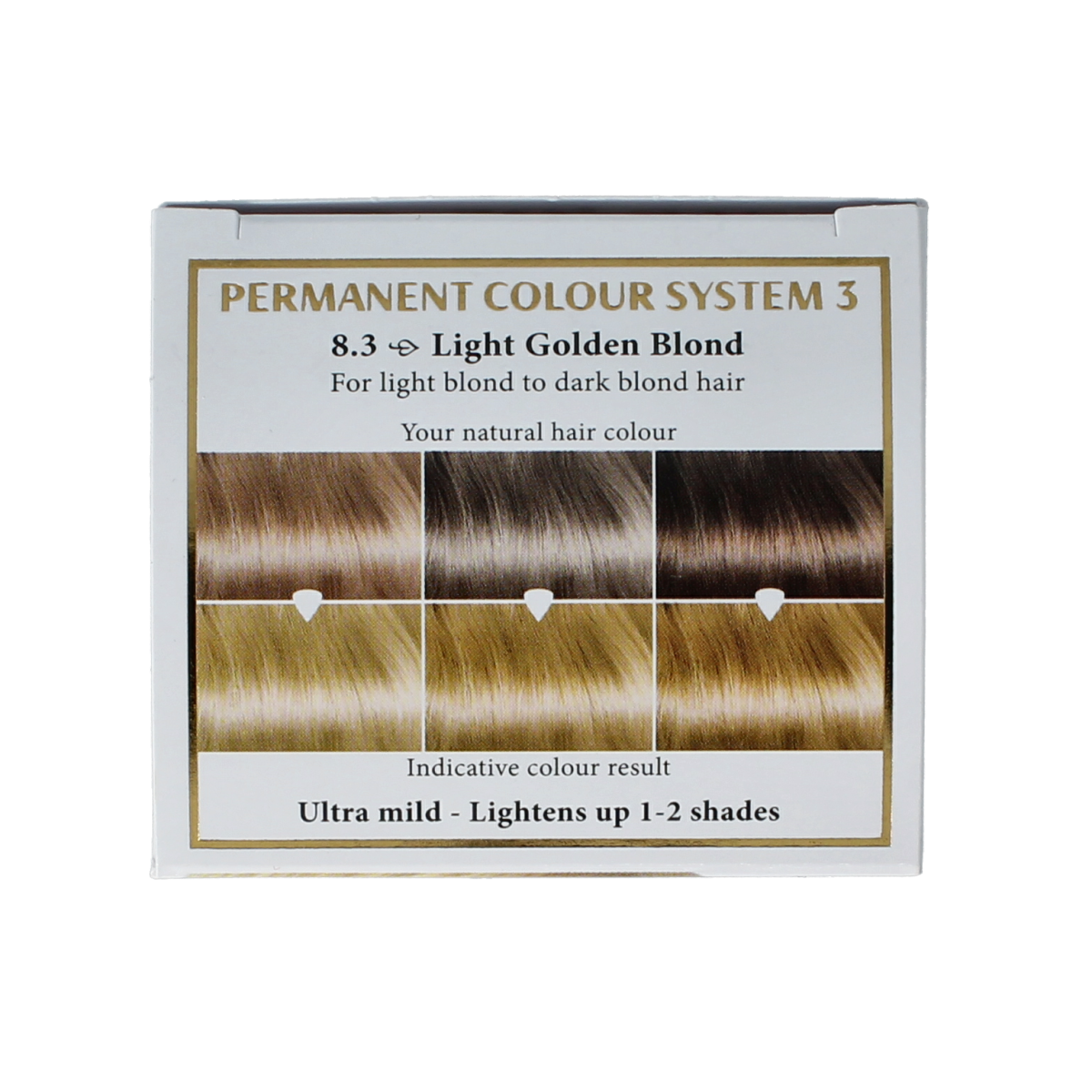 Henna Plus Long-lasting Colour 8.3 Golden Blond hair dye bottle, 100ml, with golden blond shade and product label visible.