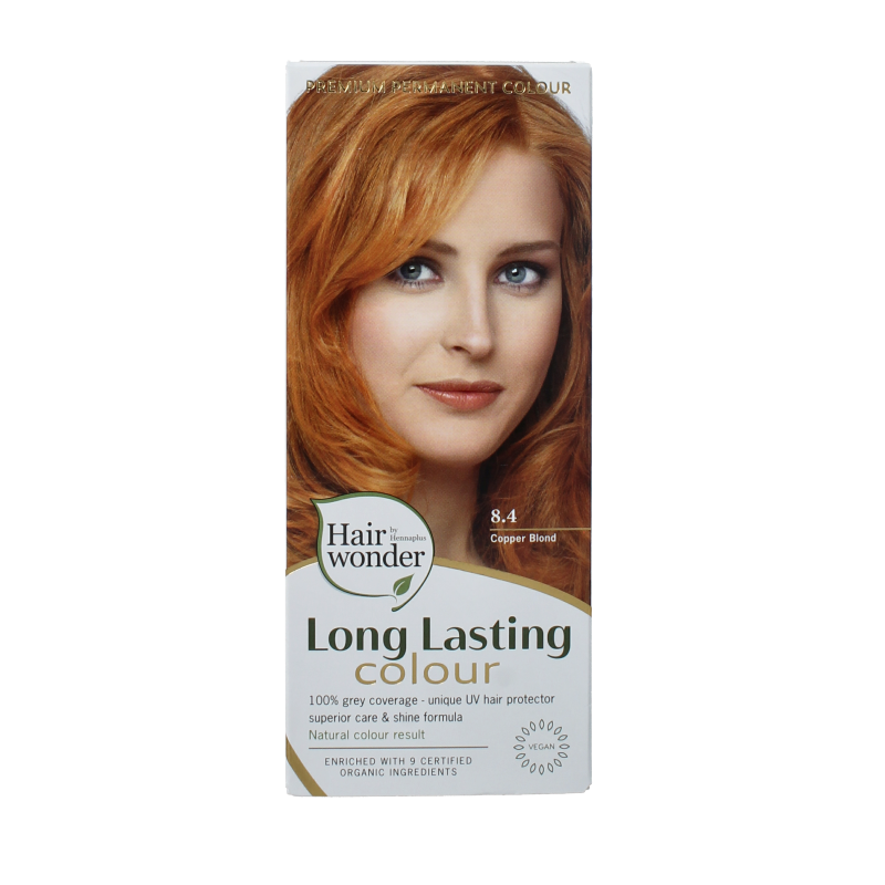 Henna Plus Long-lasting Copper Blond Hair Color 8.4 in 100ml bottle, showing vibrant copper blonde hair dye.