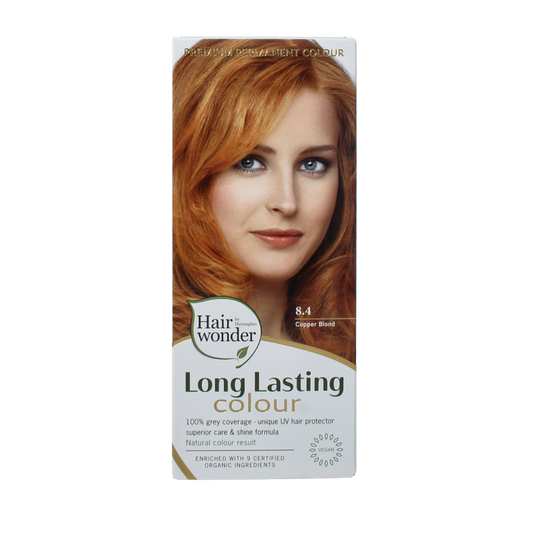 Henna Plus Long-lasting Copper Blond Hair Color 8.4 in 100ml bottle, showing vibrant copper blonde hair dye.