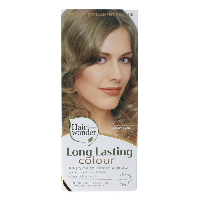 Henna Plus Long Lasting Colour 7 Medium Blonde hair dye in 100ml tube, showcasing the product packaging and color shade.