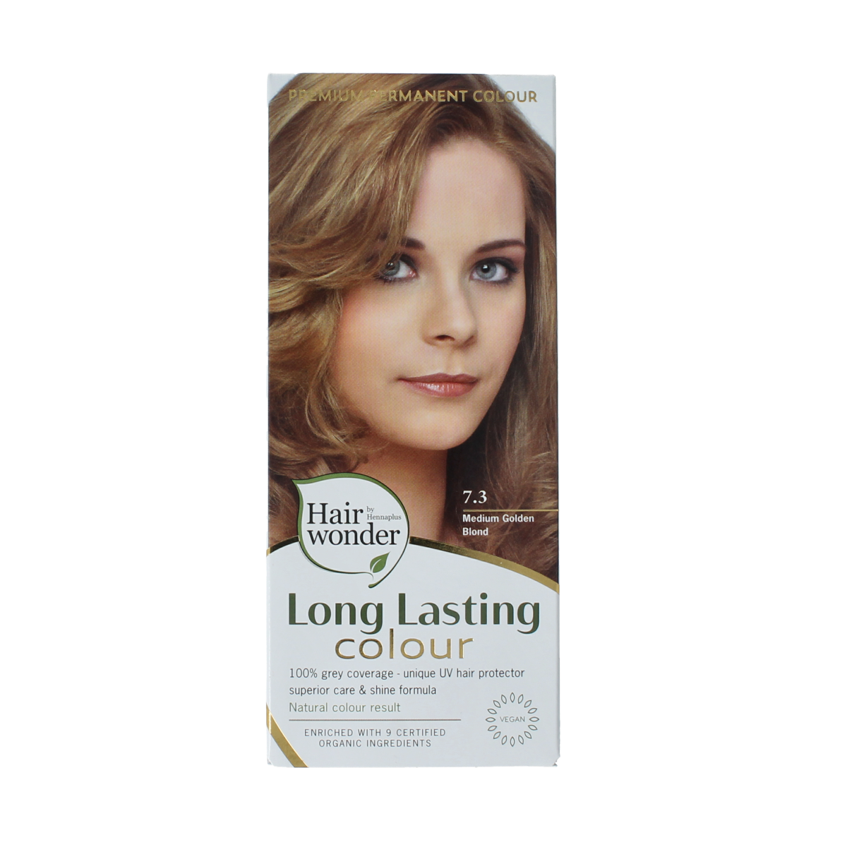 Henna Plus Long-lasting colour 7.3 medium golden blond hair dye, 100ml bottle for vibrant, natural-looking hair color.