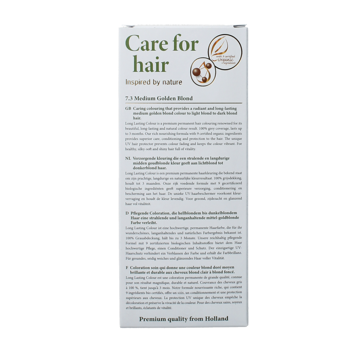 Henna Plus Long Lasting Colour 7.3 Medium Golden Blond hair dye, 100ml tube showing the packaging and product label.