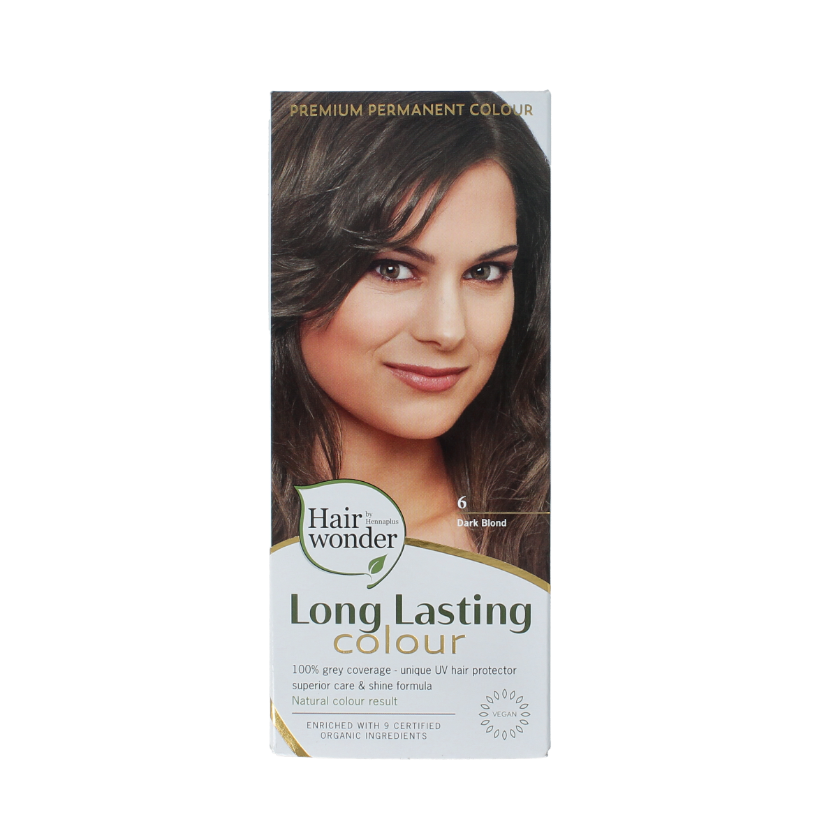 Henna Plus Long Lasting Colour 6 Dark Blond hair dye in 100ml bottle, showing the product packaging and color information.