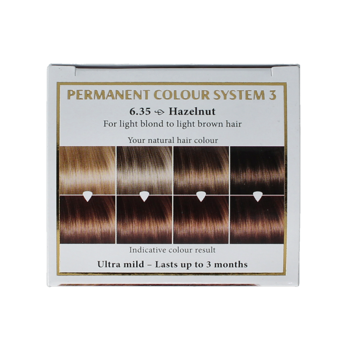 Henna Plus Long Lasting Colour 6.35 Hazelnut hair dye in 100ml bottle, showing the product packaging and color swatch.