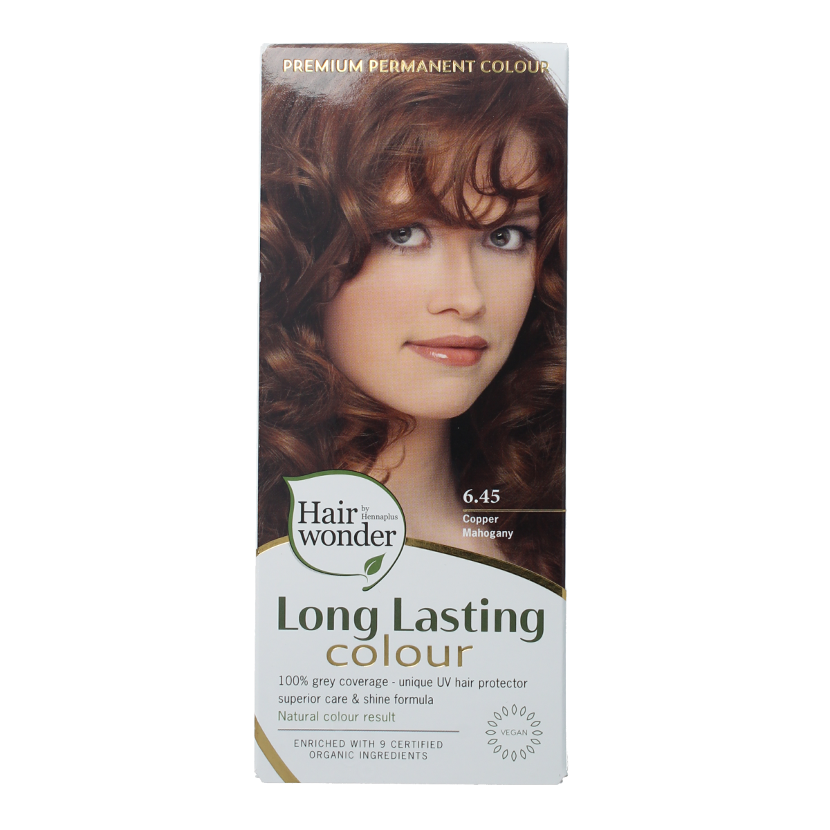 Henna Plus Long lasting copper mahogany hair coloring cream in 100ml tube showing the product packaging and color details.