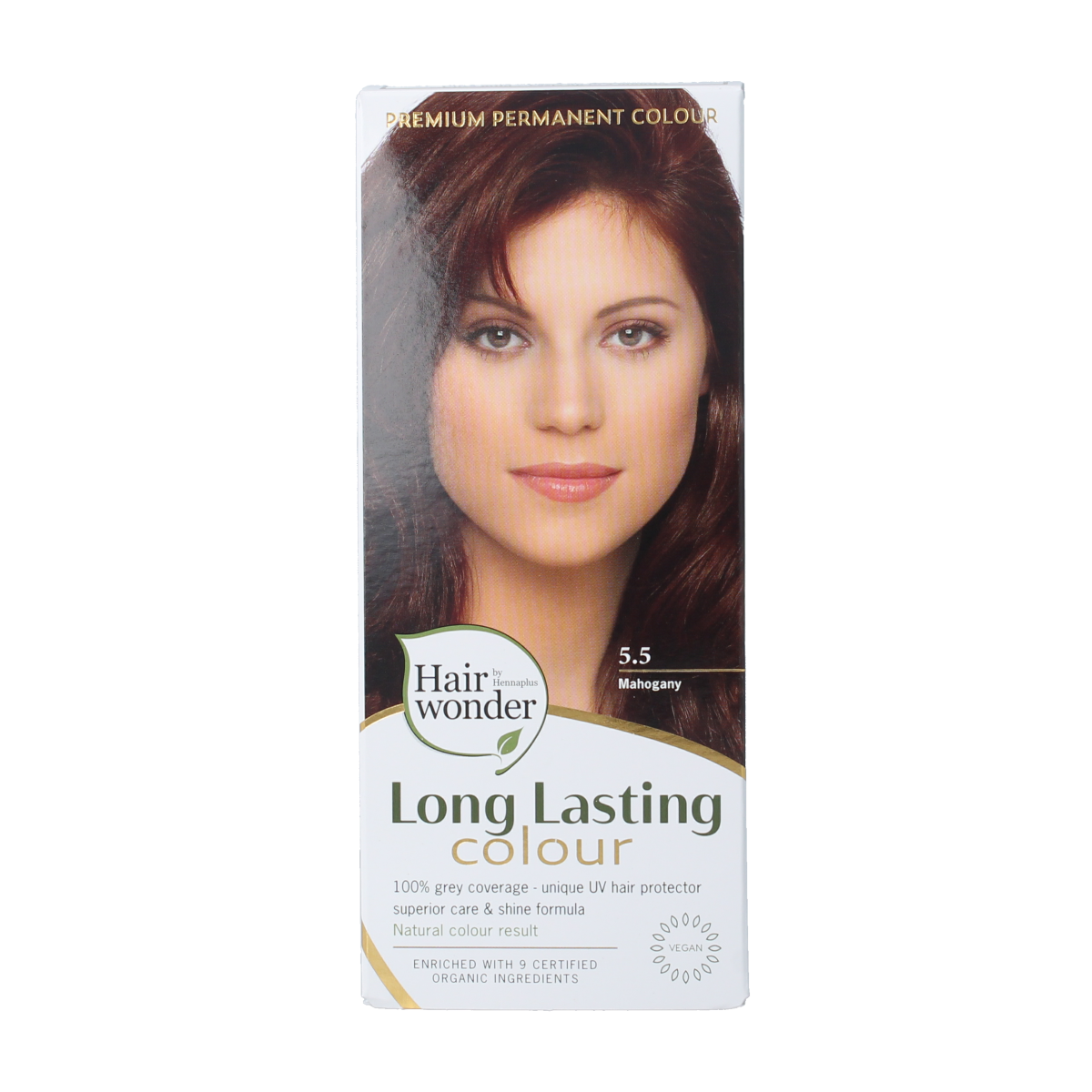 Henna Plus Long-lasting Mahogany 5.5 hair dye in 100ml bottle showing packaging for natural hair coloring.