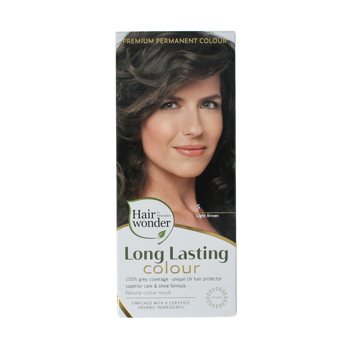 Henna Plus Long Lasting Colour 5 Light Brown hair dye bottle, 100ml, with natural henna-based hair coloring product.