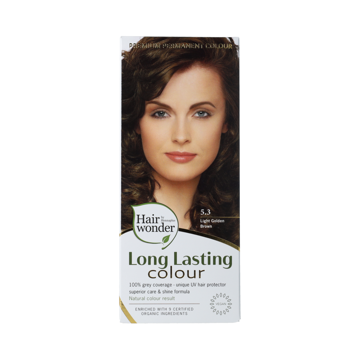 Hairwonder Long Lasting Colour 5.3 Golden Brown hair dye in 100ml bottle, showcasing the rich, warm hair color.
