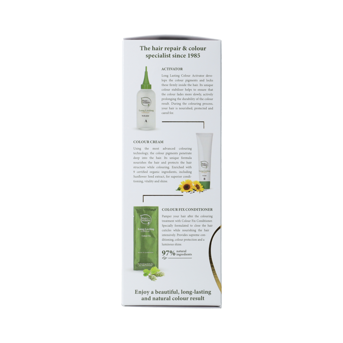 Hairwonder Long Lasting Colour 5.3 Golden Brown hair dye in 100ml bottle, showcasing the hair coloring product.